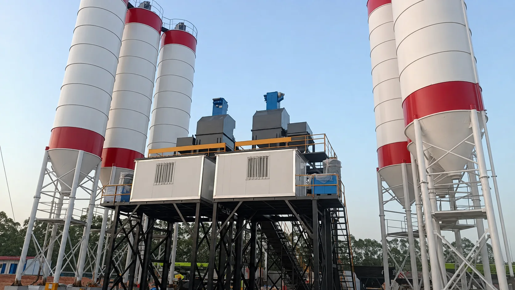 Large twin-line concrete batching plant main building and multiple powder silo on-site photos