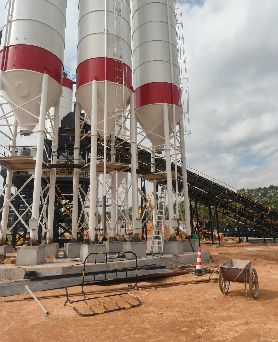 Large batching plant equipment and supporting structures, used to display equipment and structures related to concrete mixing equipment