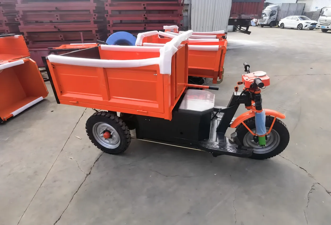 Electric site transport vehicle, used to display equipment and structures related to small concrete and construction equipment.