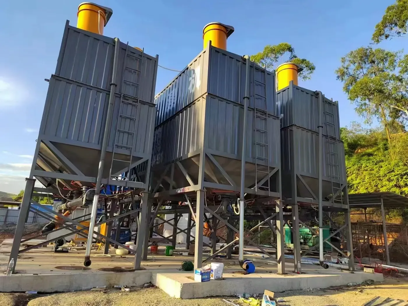 concrete equipment project site, used to display large concrete batching plant related equipment and structures