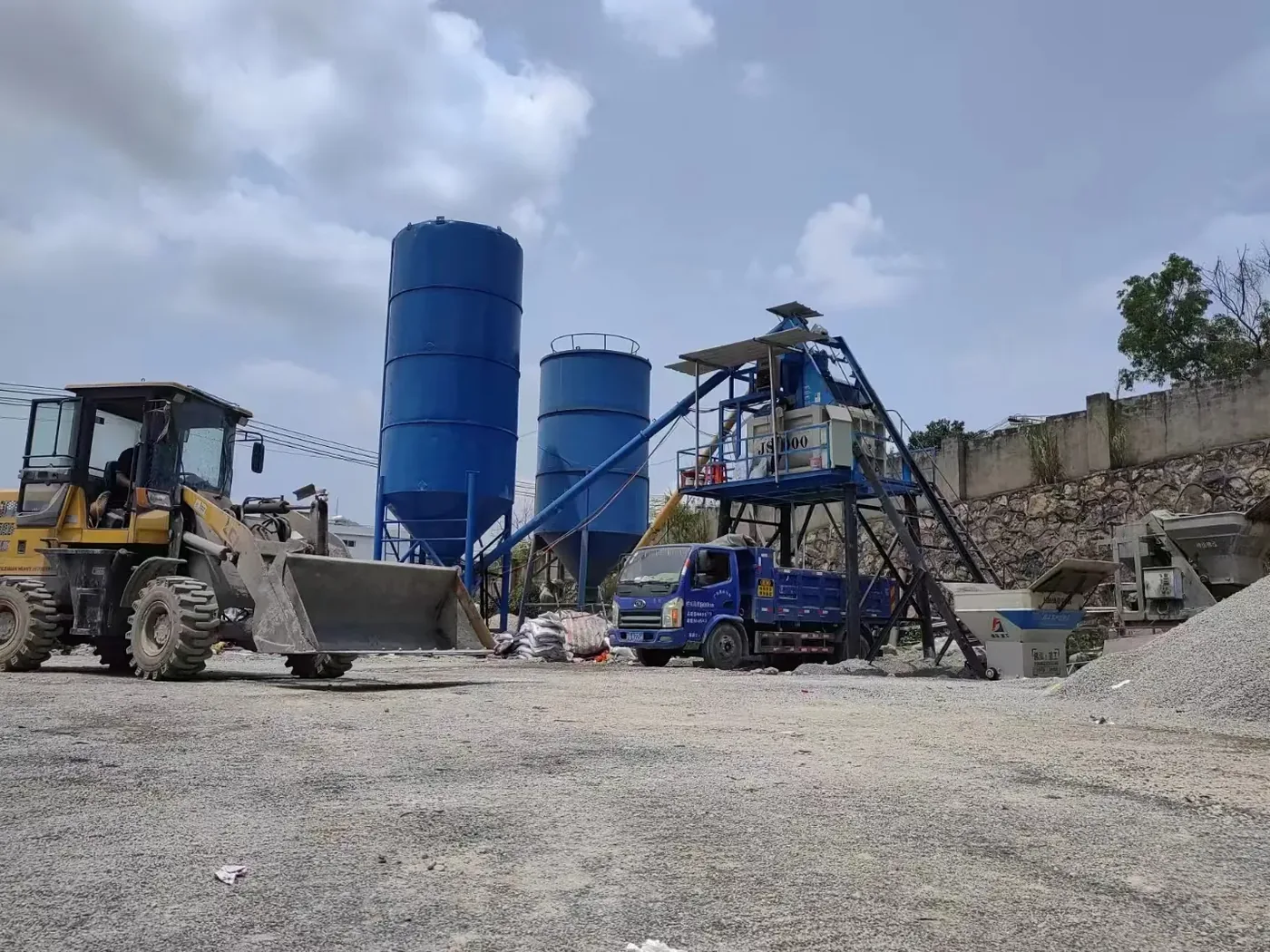 concrete equipment project site, used to display which equipment mainly composes concrete batching plant and its related structures.