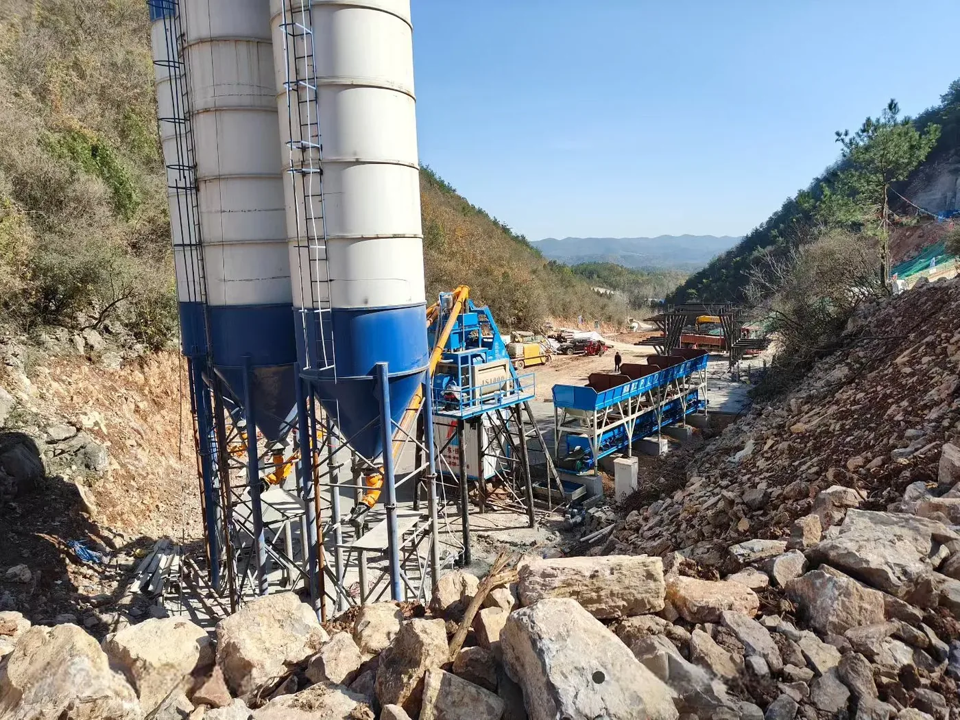 concrete equipment project site, used to display which equipment mainly composes concrete batching plant and its related structures.