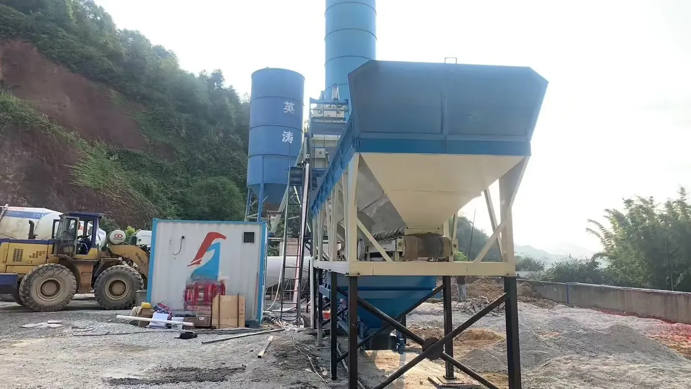concrete equipment project site, used to display ready-mix concrete batching plant related equipment and structures.