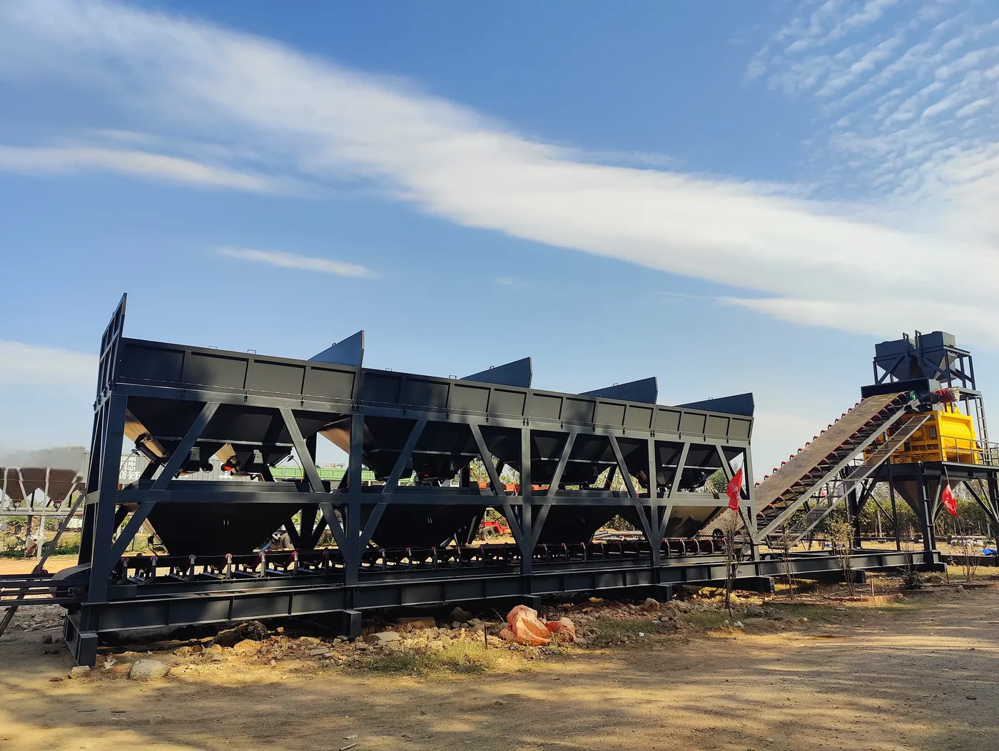 Modular batching, conveying, and mixing system, used to display concrete mixing equipment related equipment and structures