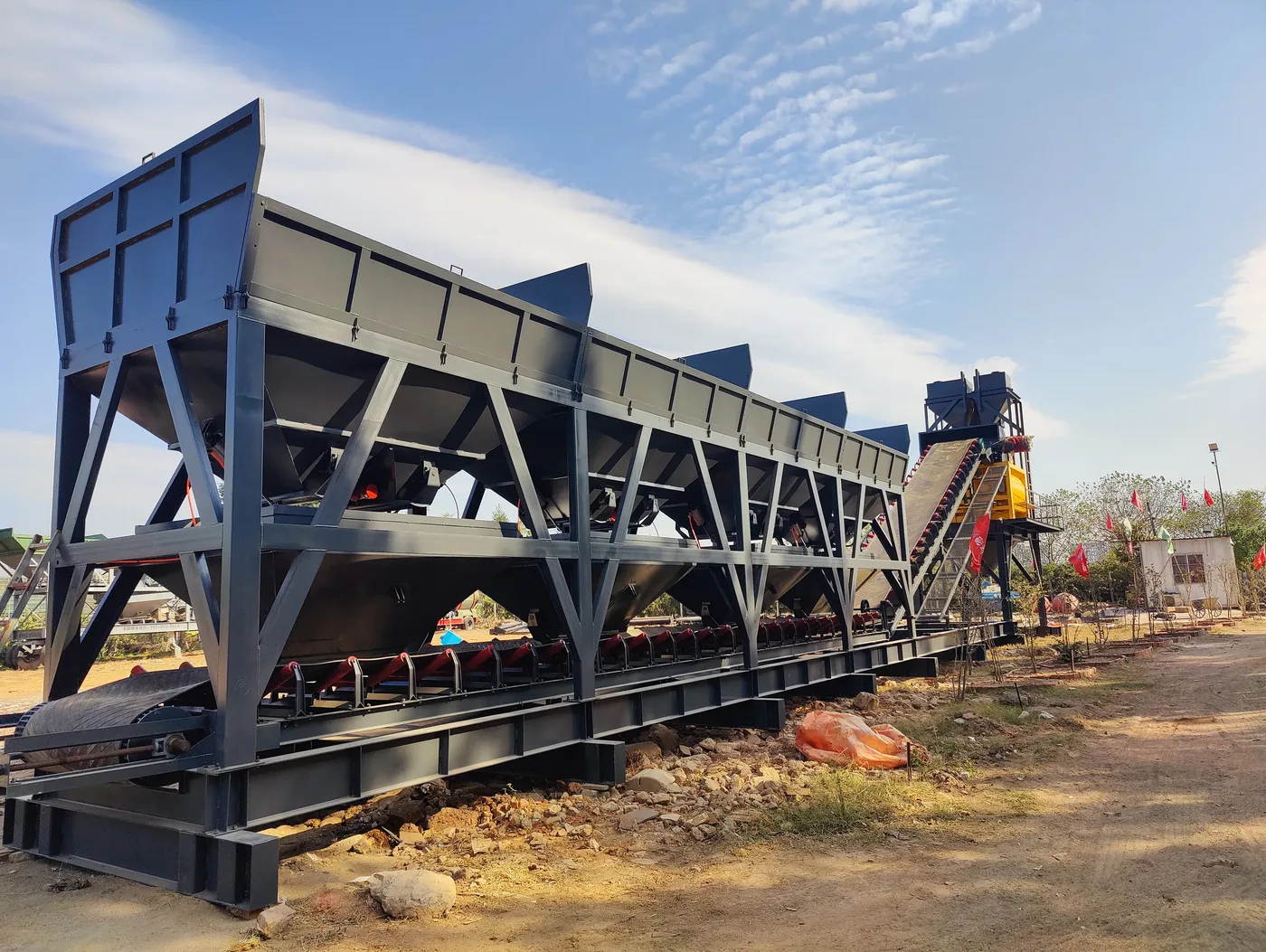 Modular batching, conveying, and mixing systems, used to show the related equipment and structures of HZS180 concrete batching plant