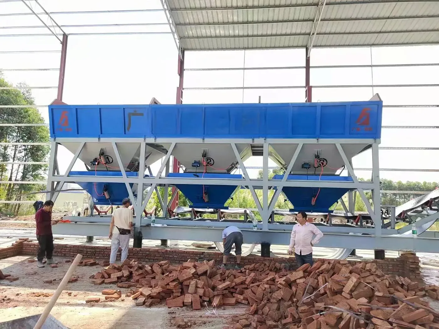 Large modular batching plant site, used to display equipment and structures related to large stationary concrete batching plant.