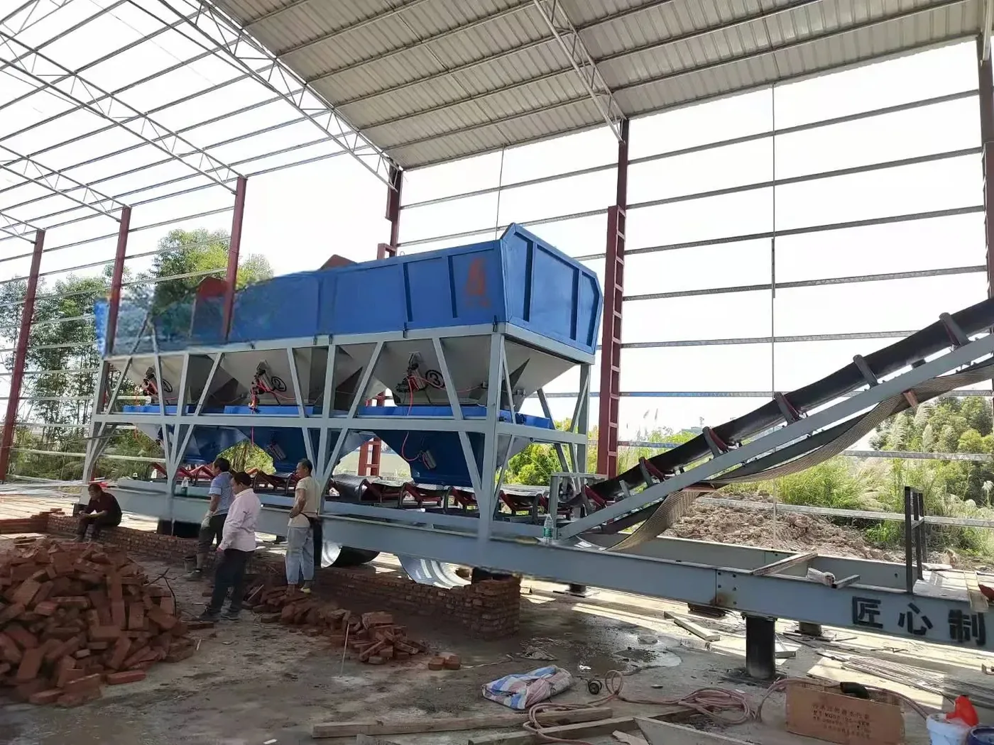 Large modular batching plant site, used to display equipment and structures related to large stationary concrete batching plant.