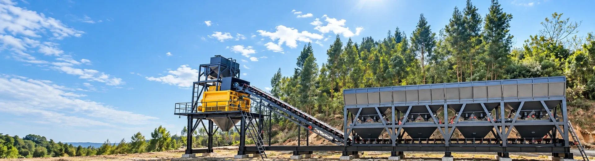 Modular concrete mixing equipment batching, conveying, and main mixer structural real shots