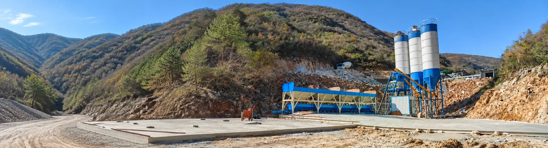 concrete mixing equipment on-site layout and installation status footage