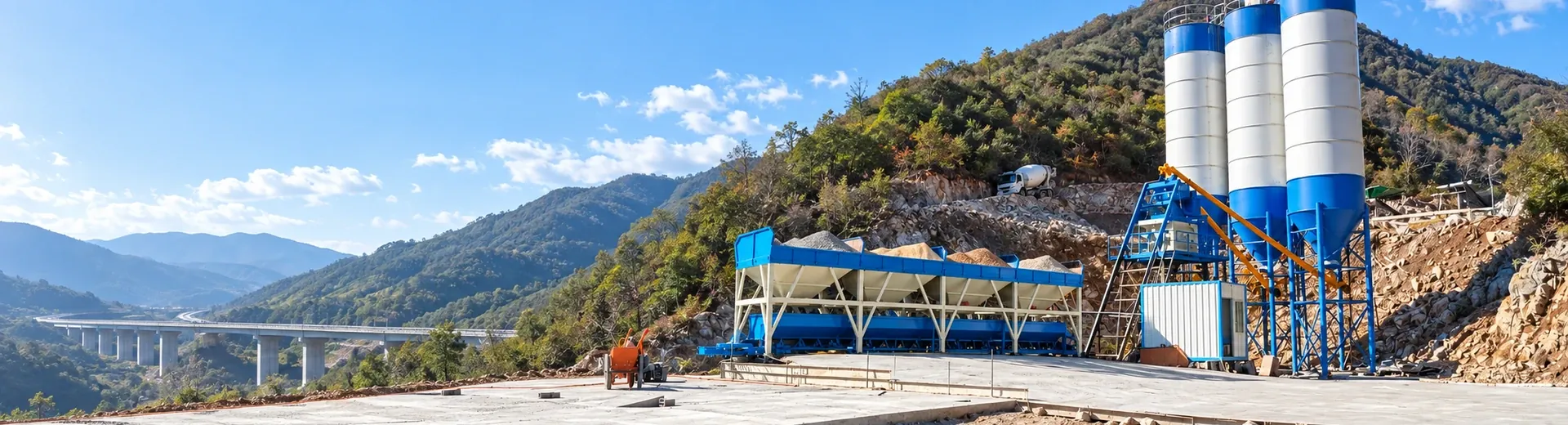 concrete mixing equipment on-site layout and installation status footage