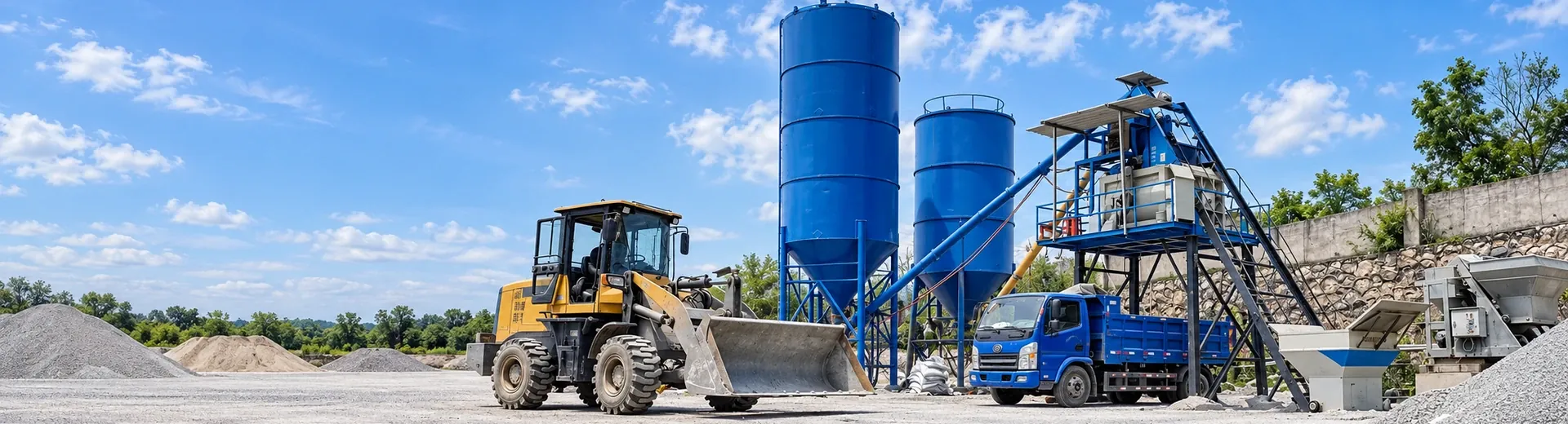 concrete mixing equipment on-site layout and installation status footage