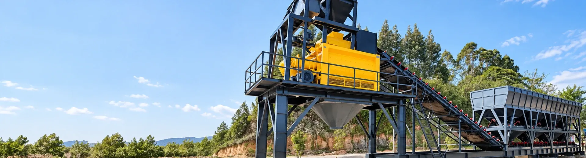 Modular concrete mixing equipment batching, conveying, and main mixer structural real shots