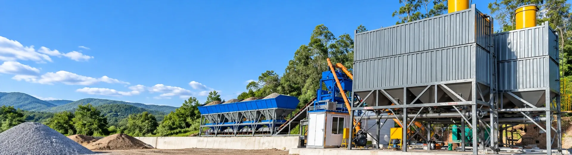 concrete mixing equipment on-site layout and installation status footage