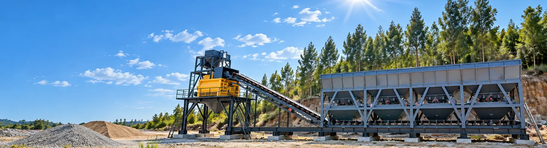 Modular concrete mixing equipment batching, conveying, and main mixer structural real shots