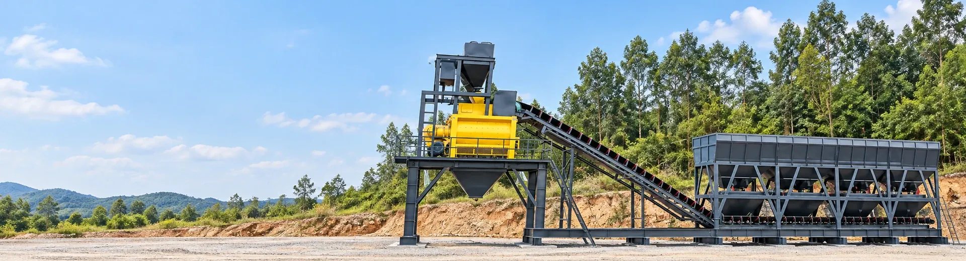 Modular concrete mixing equipment batching, conveying, and main mixer structural real shots