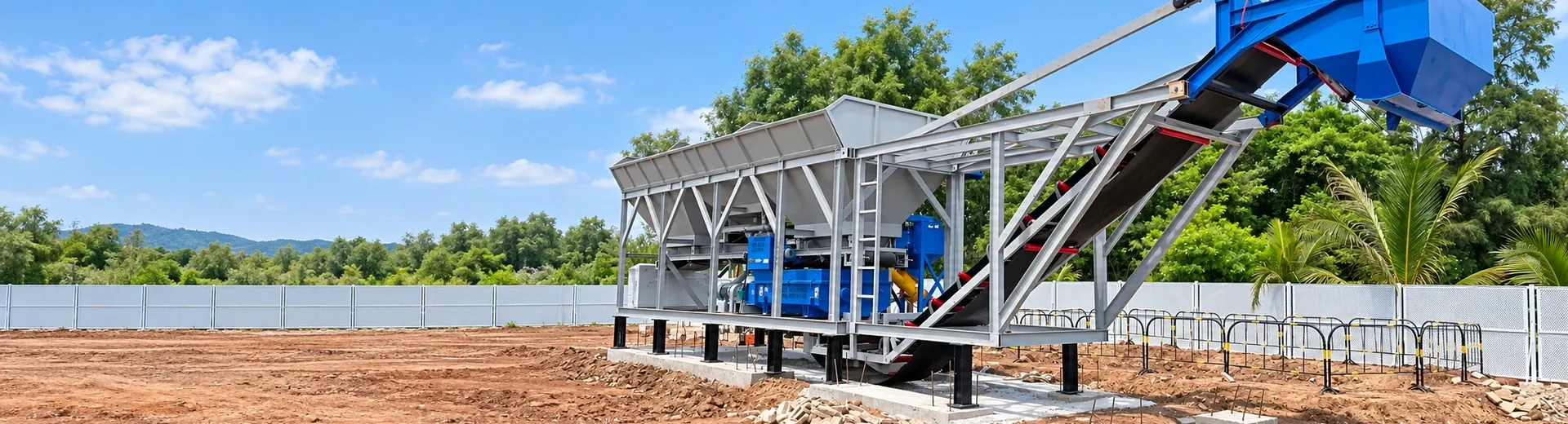 concrete mixing equipment on-site layout and installation status footage