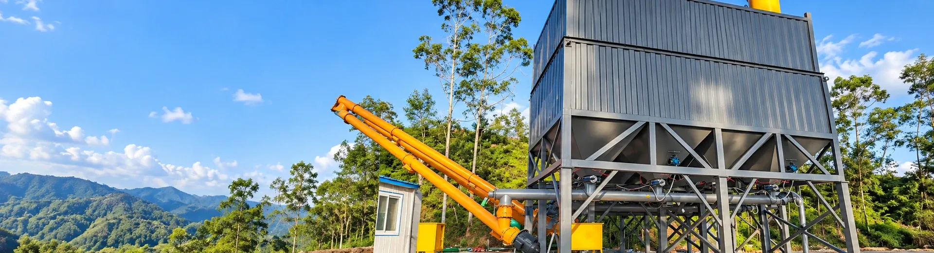concrete mixing equipment on-site layout and installation status footage