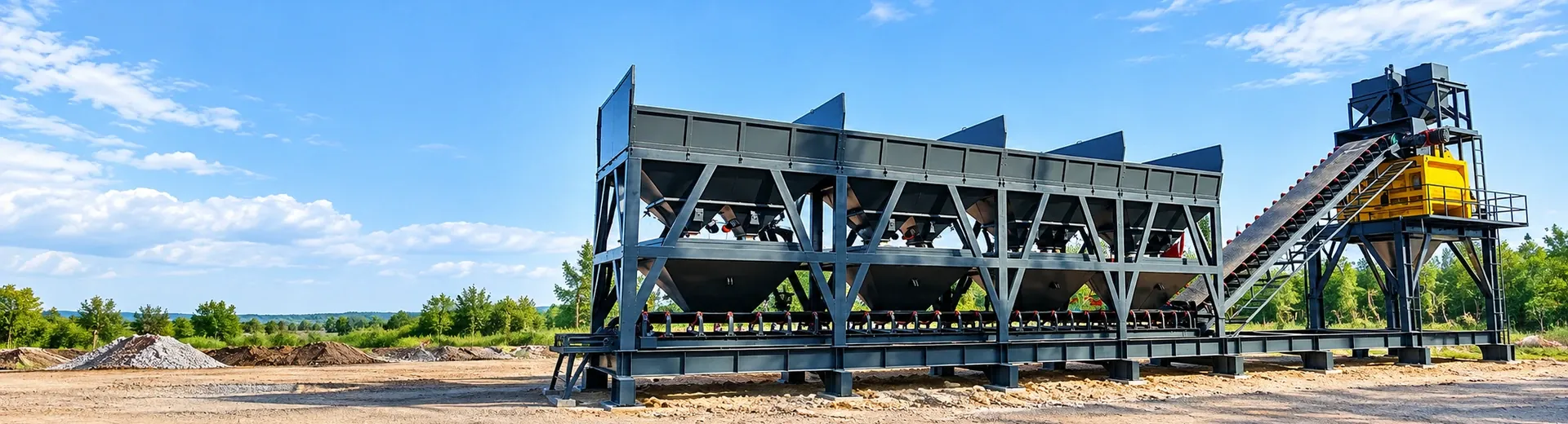 Modular concrete mixing equipment batching, conveying, and main mixer structural real shots