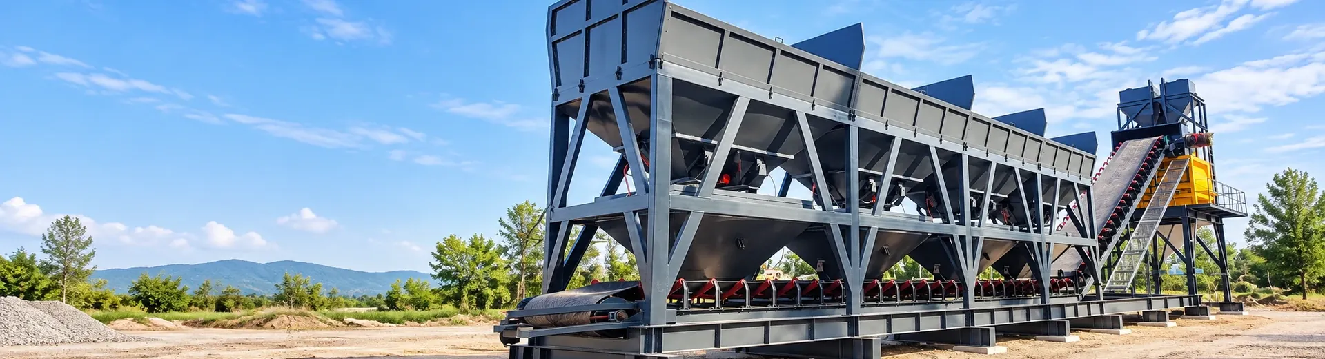 Modular concrete mixing equipment batching, conveying, and main mixer structural real shots