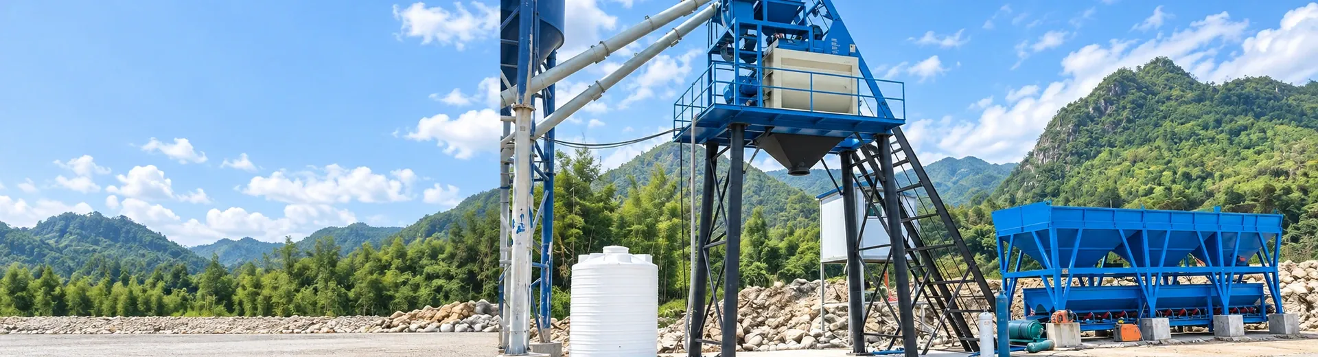 concrete mixing equipment on-site layout and installation status footage