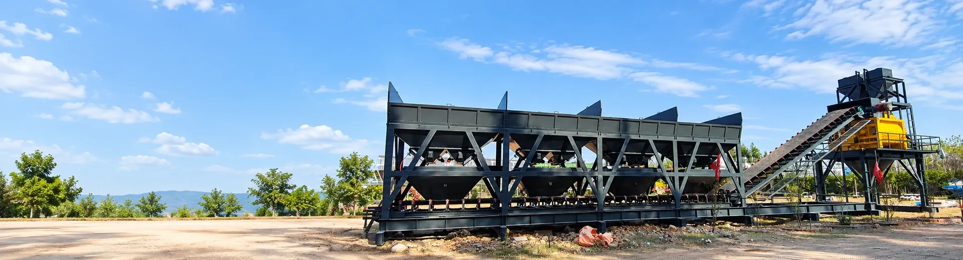 Modular concrete mixing equipment batching, conveying, and main mixer structural real shots