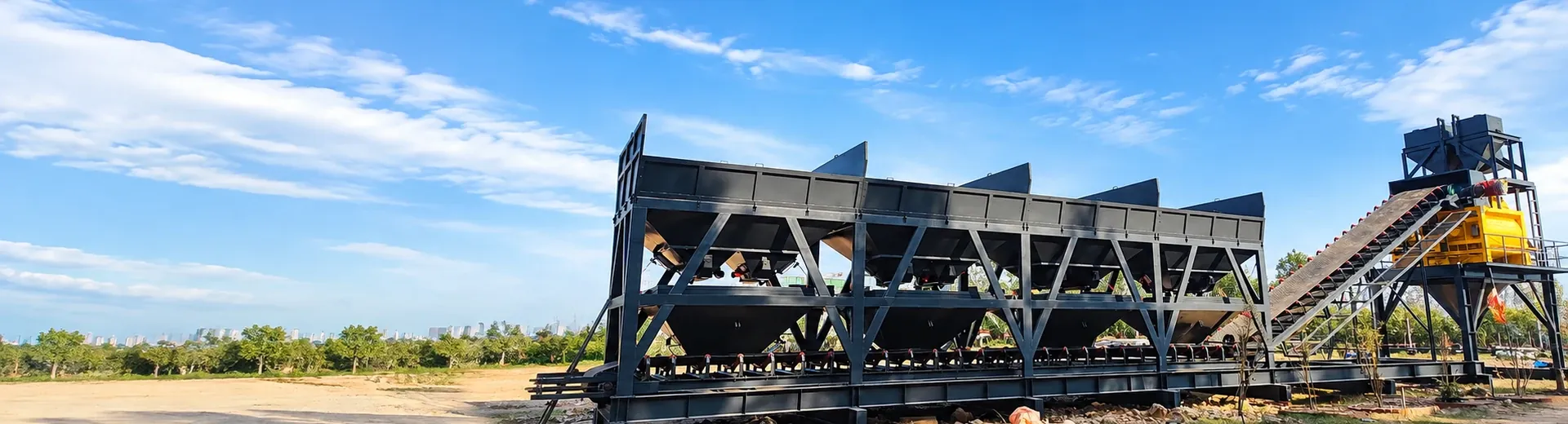 Modular concrete mixing equipment batching, conveying, and main mixer structural real shots