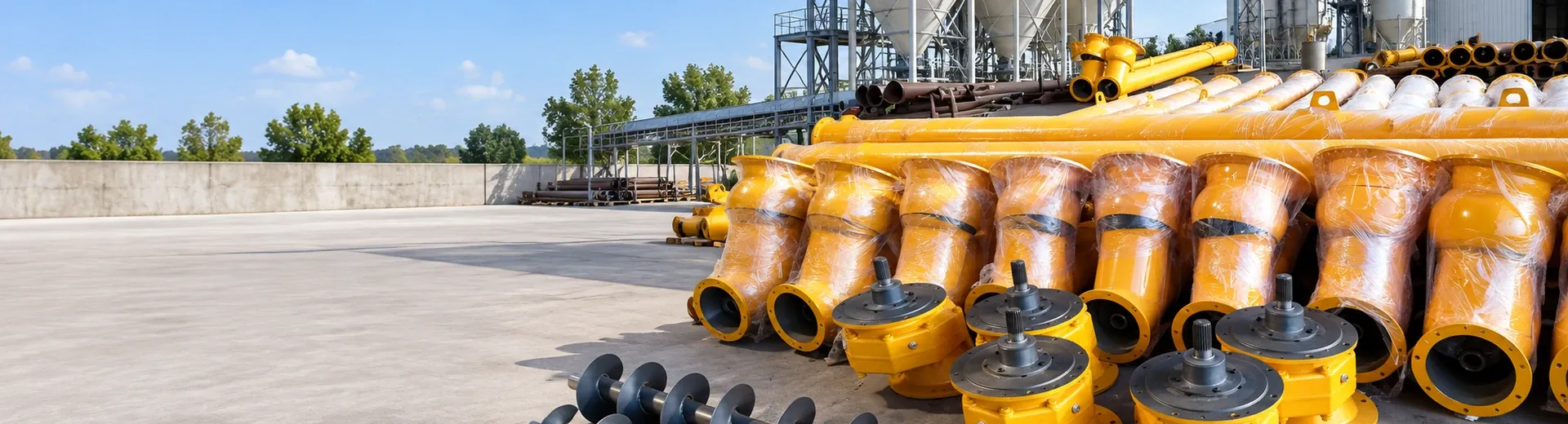 Actual photos of spiral pipes, joints, and on-site layout of cement and powder conveying system