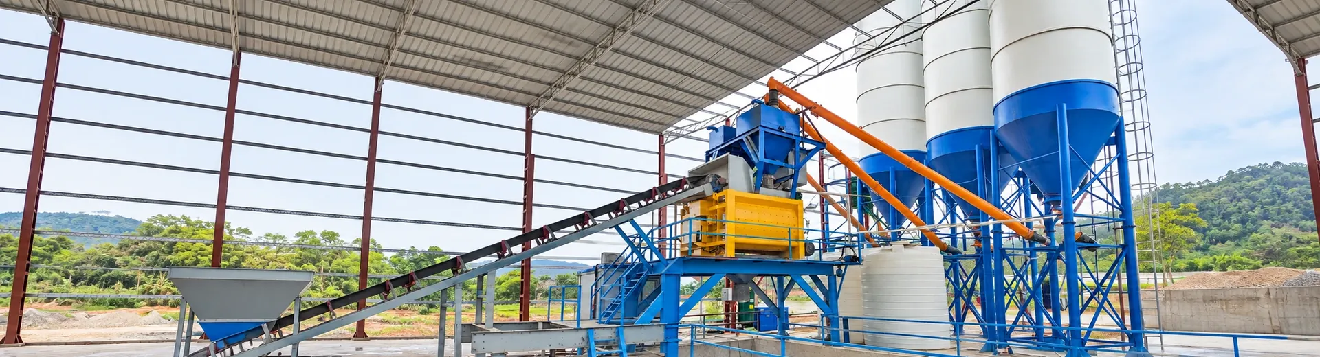 concrete mixing equipment on-site layout and installation status footage