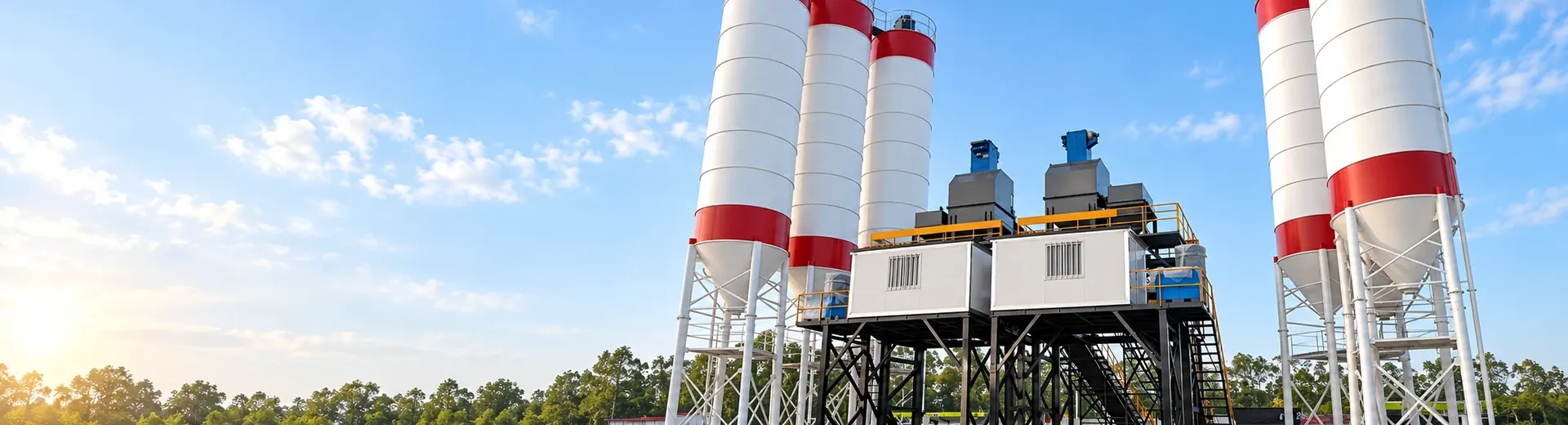Actual photos of large twin-line concrete batching plant main building and powder silo