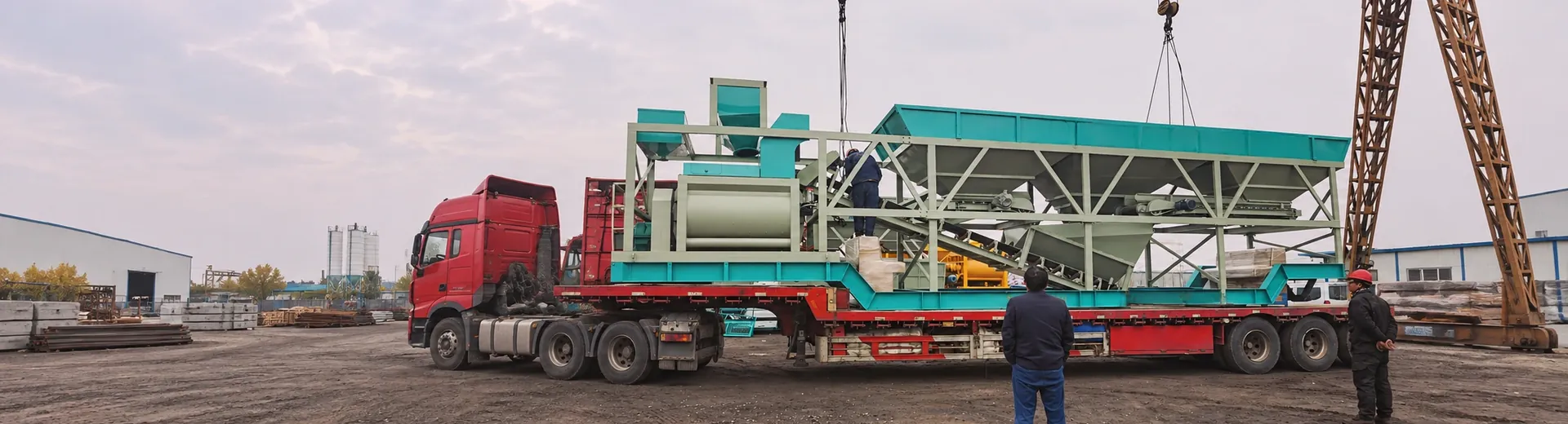 concrete mixing equipment on-site layout and installation status footage