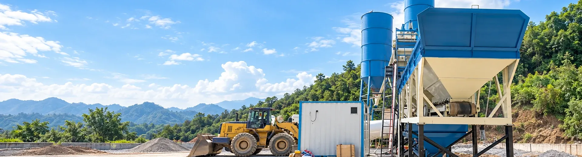 concrete mixing equipment on-site layout and installation status footage