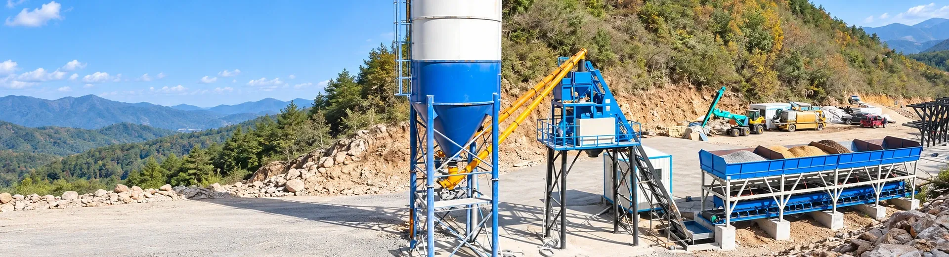 concrete mixing equipment on-site layout and installation status footage