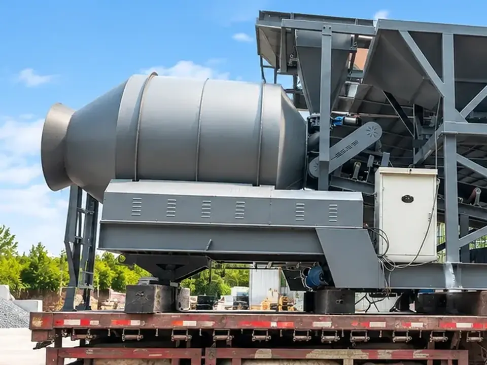 On-site photos of mobile drum concrete batching plant products and equipment structure